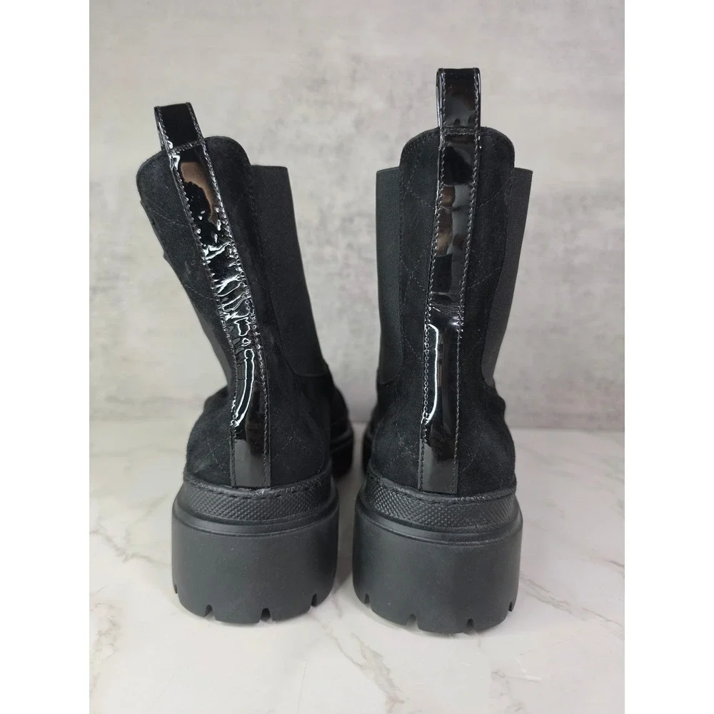 AGL Black Quilted Suede Patent Cap Toe Lug Sole Chelsea Boots 41 D721597 Italy